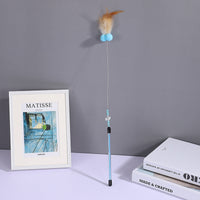 HKM-090835 60cm Long Steel Wire Cat Teaser Rod with Feather and Fur Ball - Colorful Options Available