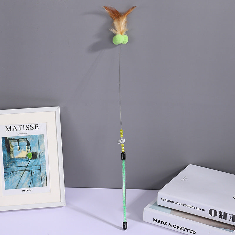 HKM-090835 60cm Long Steel Wire Cat Teaser Rod with Feather and Fur Ball - Colorful Options Available