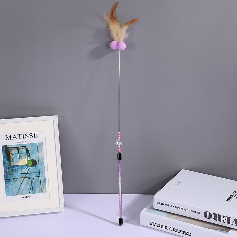 HKM-090835 60cm Long Steel Wire Cat Teaser Rod with Feather and Fur Ball - Colorful Options Available