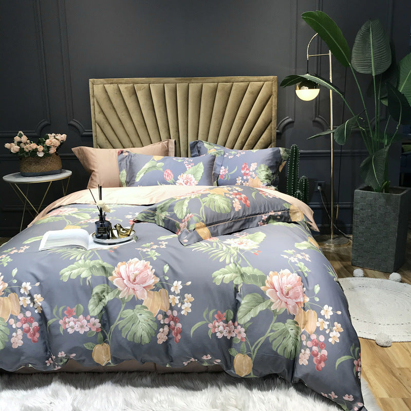 HKM-092499 Floral Cotton Satin Digital Print Duvet Cover Set - 4 Pieces in Multiple Styles