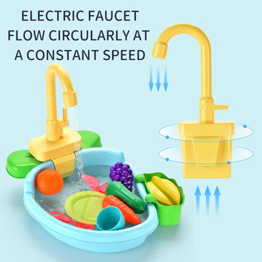 HKM-092755 Playful Kitchen Washing Sink Toy Set with Recirculating Faucet and Food Accessories for Kids 2-4 Years