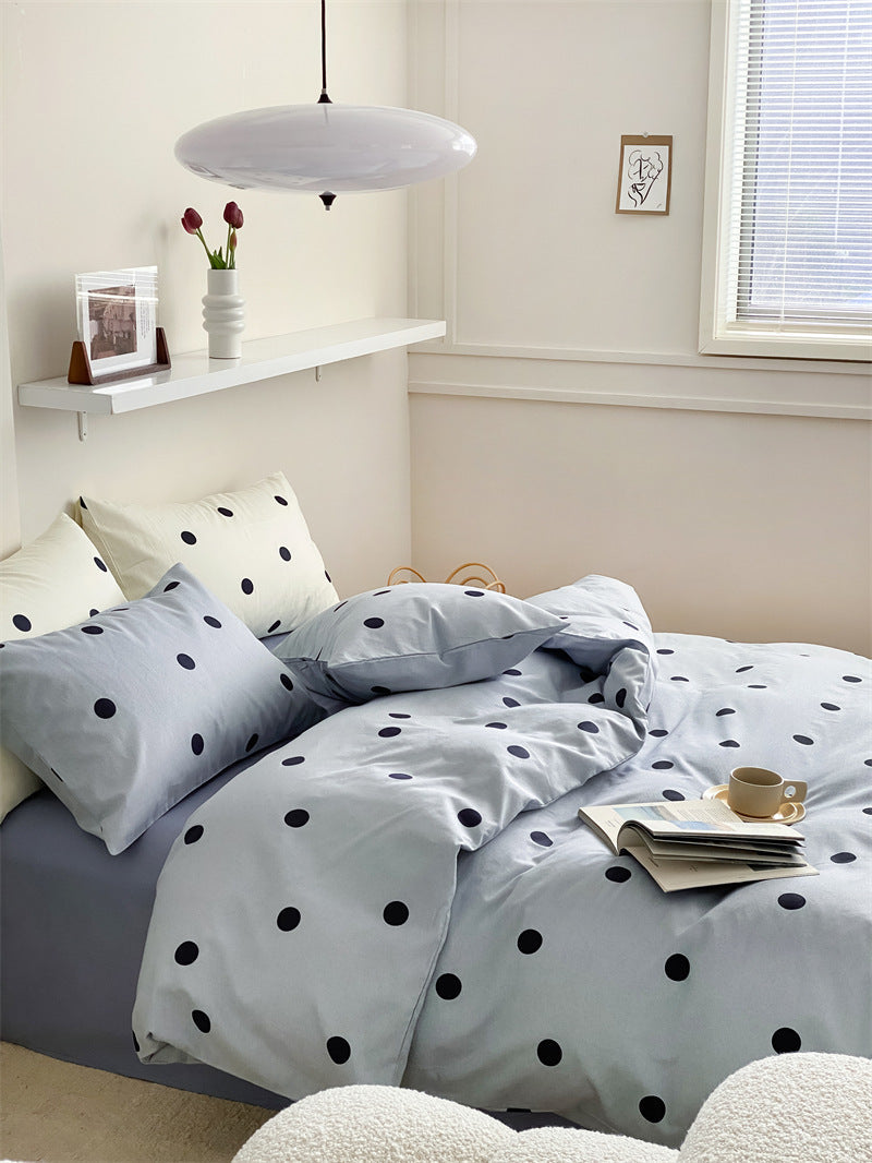 HKM-092819 Geometric Green Polka Dot Cotton Bedding Set - 4-Piece Includes Duvet Cover, Bed Sheet, and Pillowcases