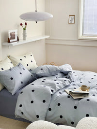 HKM-092819 Geometric Green Polka Dot Cotton Bedding Set - 4-Piece Includes Duvet Cover, Bed Sheet, and Pillowcases