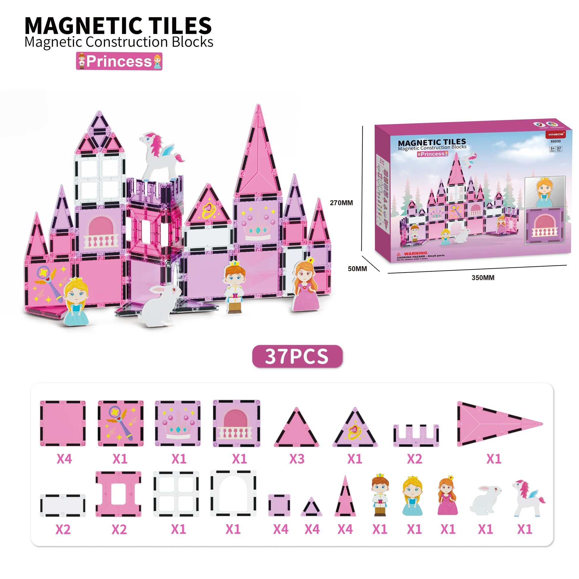 Princess Theme Magnetic Building Blocks Set for Kids - STEM Educational Toy, Creative Pretend Play Tiles
