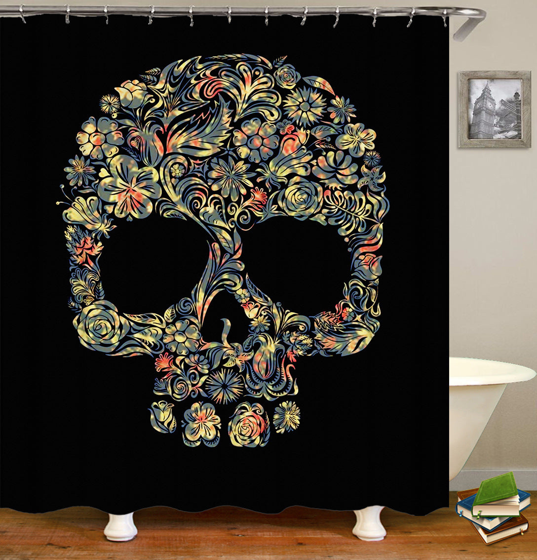 HKM-093203 Skull Pattern Waterproof Shower Curtain for Halloween Bathroom Décor, 180cm x 180cm, Environmentally Friendly Polyester Fiber