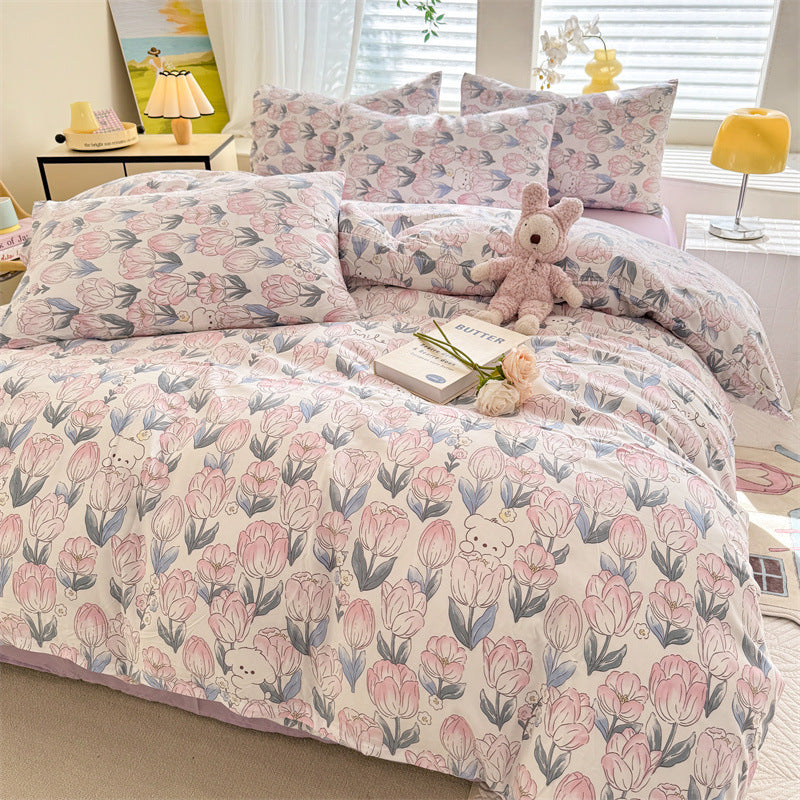 HKM-093971 Floral and Plant Print Washed Cotton 4-Piece Bedding Set - Multiple Sizes Available