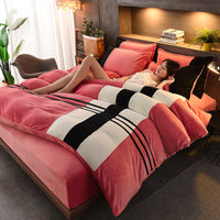 HKM-095635 Thickened Striped French Velvet Sheet Set for Autumn and Winter, 4-Piece Bedding Collection