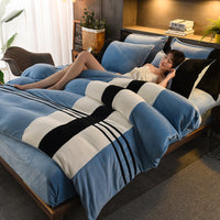 HKM-095635 Thickened Striped French Velvet Sheet Set for Autumn and Winter, 4-Piece Bedding Collection