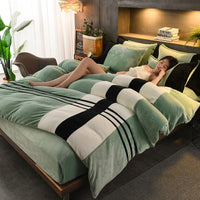 HKM-095635 Thickened Striped French Velvet Sheet Set for Autumn and Winter, 4-Piece Bedding Collection