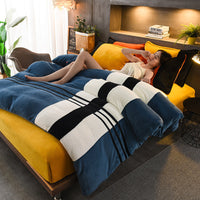 HKM-095635 Thickened Striped French Velvet Sheet Set for Autumn and Winter, 4-Piece Bedding Collection