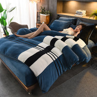 HKM-095635 Thickened Striped French Velvet Sheet Set for Autumn and Winter, 4-Piece Bedding Collection