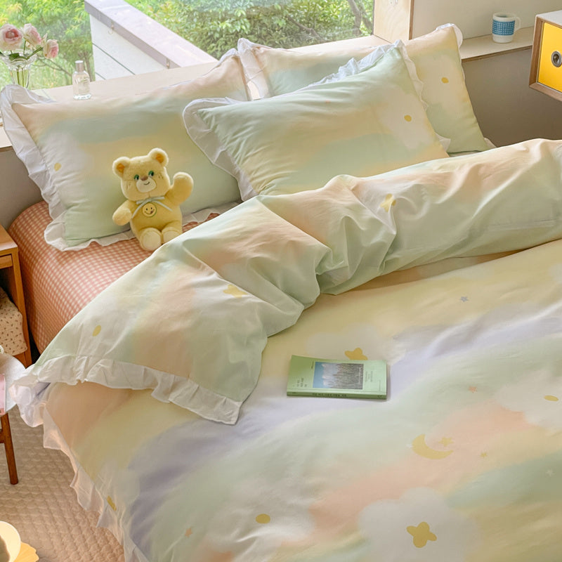 HKM-096275 Floral Cotton Four-Piece Bed Set in Princess Style for Various Bed Sizes