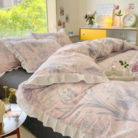 HKM-096275 Floral Cotton Four-Piece Bed Set in Princess Style for Various Bed Sizes