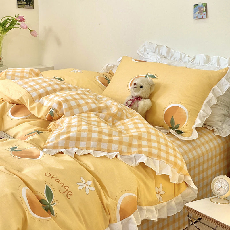 HKM-096275 Floral Cotton Four-Piece Bed Set in Princess Style for Various Bed Sizes