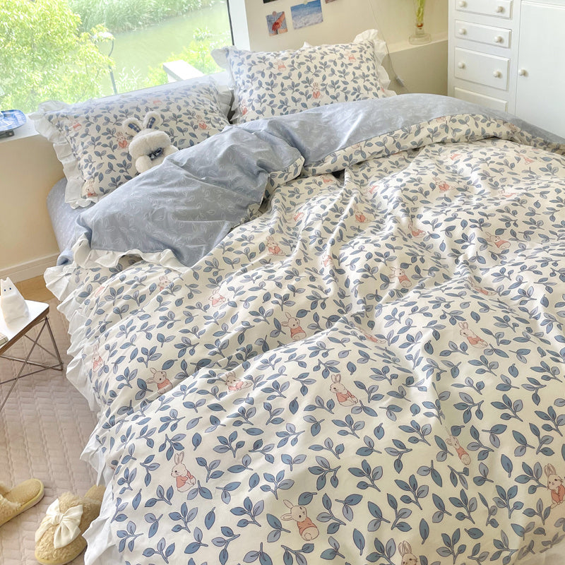 HKM-096275 Floral Cotton Four-Piece Bed Set in Princess Style for Various Bed Sizes