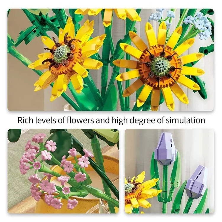HKM-096531 Floral Building Block Toys - Sunflower 3D Flower DIY Assembly Set for Ages 8 and Up