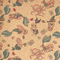 HKM-096787 Cute Mermaid Pattern Cork Fabric with Floral Background for Accessories and Apparel