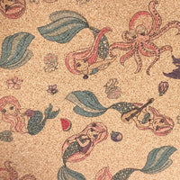 HKM-096787 Cute Mermaid Pattern Cork Fabric with Floral Background for Accessories and Apparel