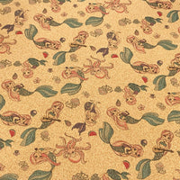 HKM-096787 Cute Mermaid Pattern Cork Fabric with Floral Background for Accessories and Apparel
