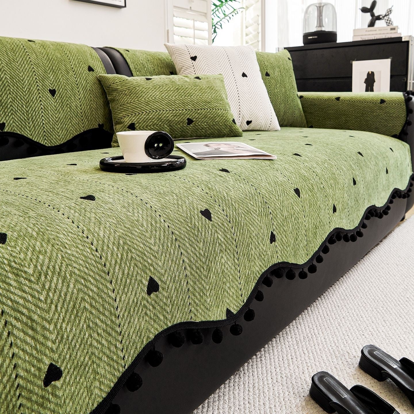 HKM-096851 Chenille Solid Color Sofa Cushion - Stylish Dust Cover in Matcha Green, Khaki, and Creamy White
