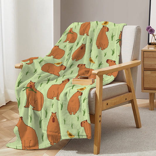 HKM-097939 Soft Flannel Multifunctional Blanket with Bird and Capybara Pattern for Home and Outdoors