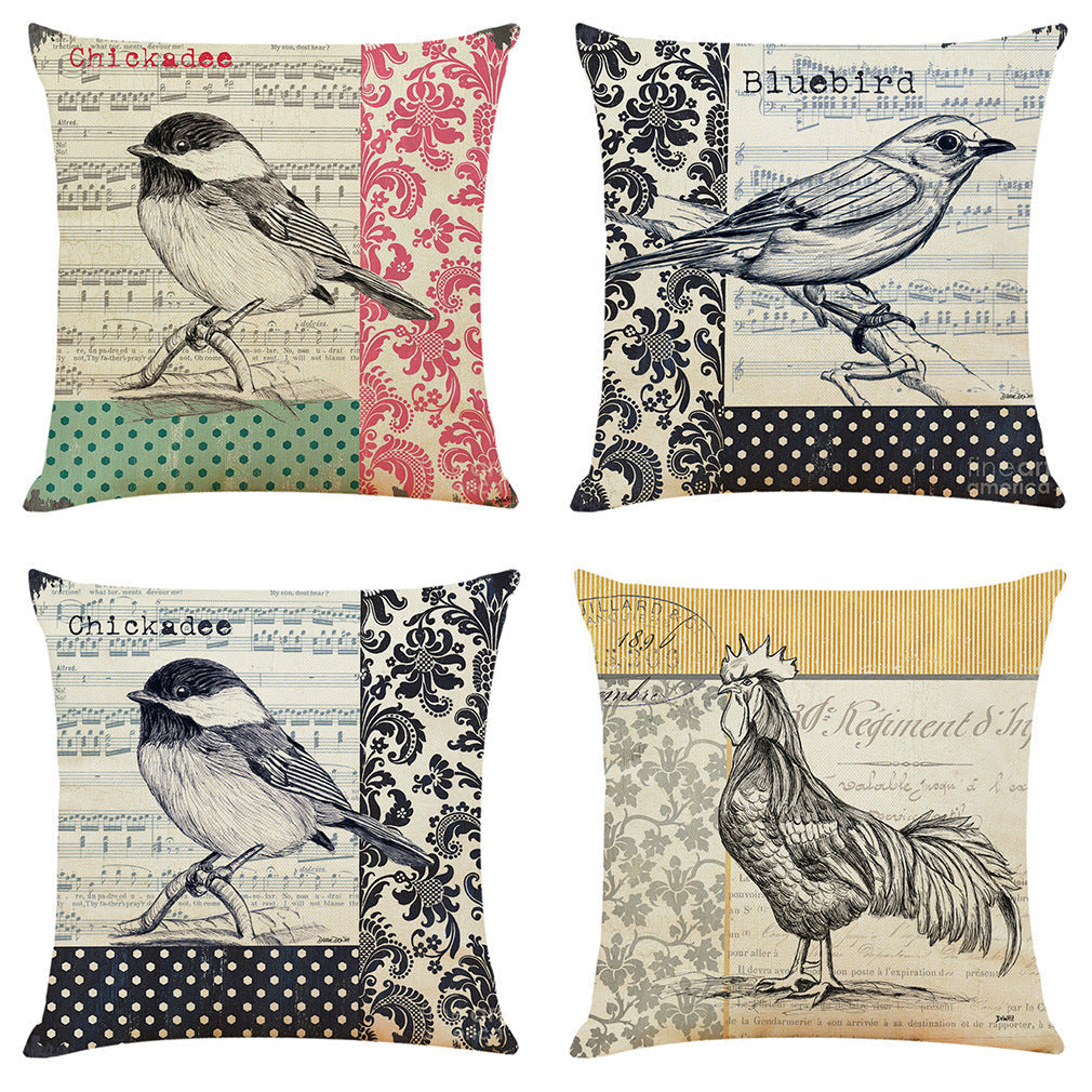 HKM-098067 Retro Bird Cotton Linen Pillowcase for Car and Sofa