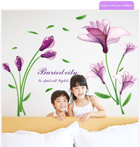 HKM-098195 Purple Flower Self-Adhesive Wall Sticker for Romantic Home Décor, Removable PVC Design