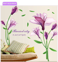HKM-098195 Purple Flower Self-Adhesive Wall Sticker for Romantic Home Décor, Removable PVC Design