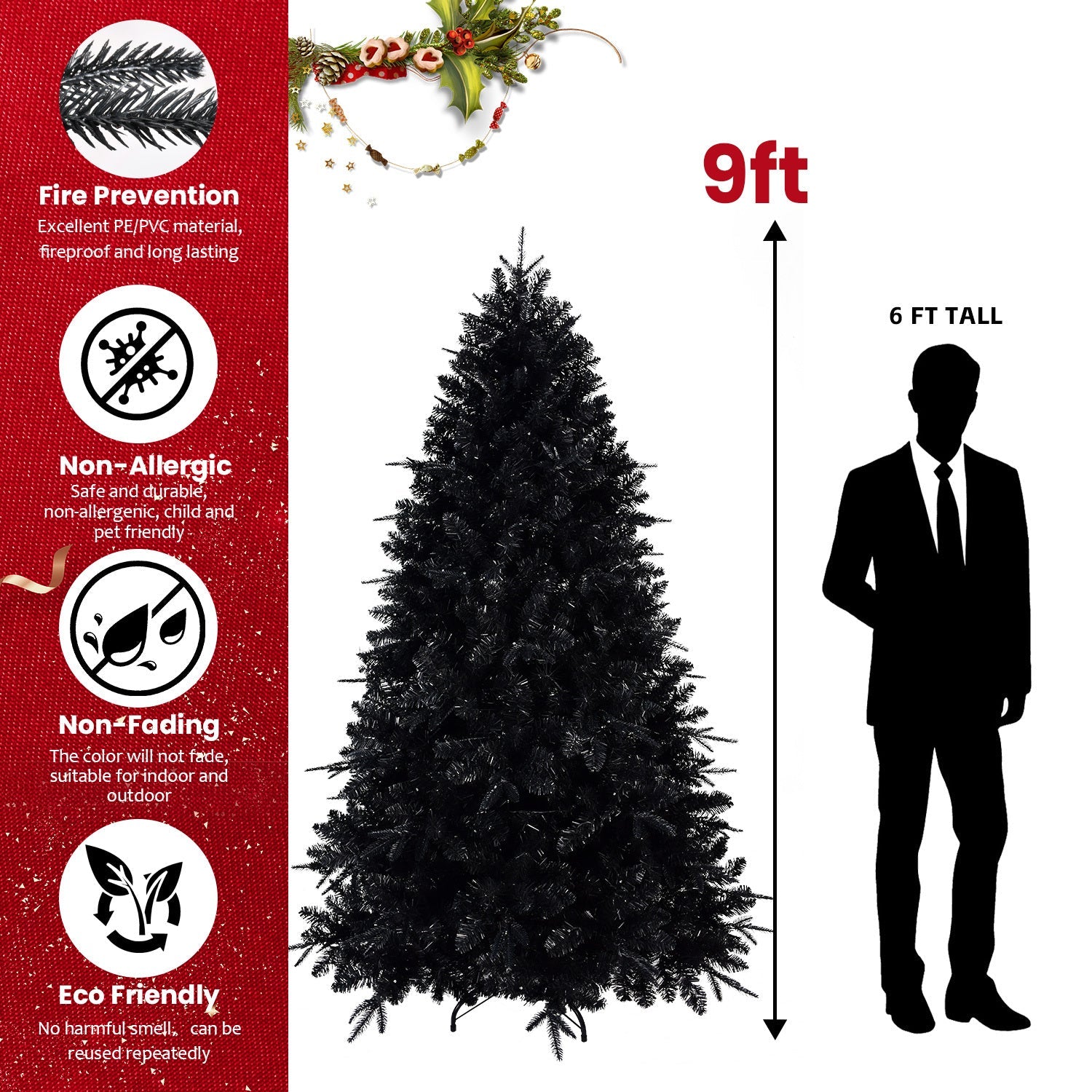 HKM-098387 Prelit Black Artificial Christmas Tree with White Lights, PE/PVC Branch Tips, Available in Multiple Heights
