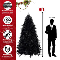HKM-098387 Prelit Black Artificial Christmas Tree with White Lights, PE/PVC Branch Tips, Available in Multiple Heights