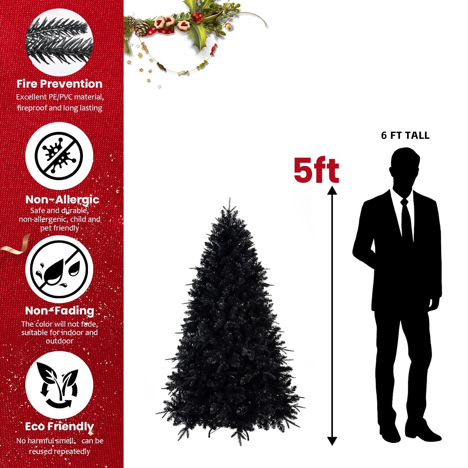 HKM-098387 Prelit Black Artificial Christmas Tree with White Lights, PE/PVC Branch Tips, Available in Multiple Heights