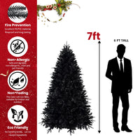 HKM-098387 Prelit Black Artificial Christmas Tree with White Lights, PE/PVC Branch Tips, Available in Multiple Heights