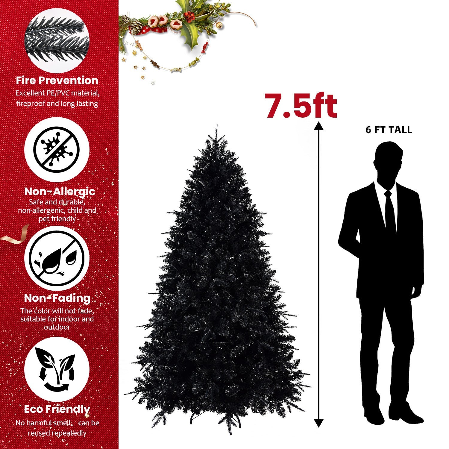 HKM-098387 Prelit Black Artificial Christmas Tree with White Lights, PE/PVC Branch Tips, Available in Multiple Heights