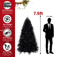 HKM-098387 Prelit Black Artificial Christmas Tree with White Lights, PE/PVC Branch Tips, Available in Multiple Heights
