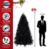 HKM-098387 Prelit Black Artificial Christmas Tree with White Lights, PE/PVC Branch Tips, Available in Multiple Heights