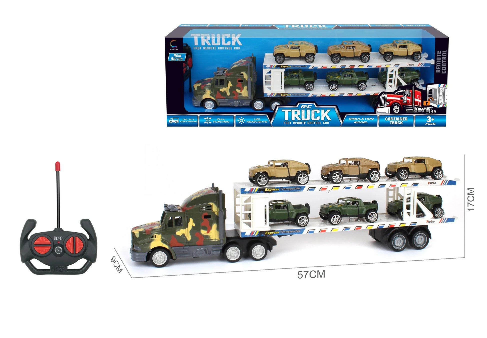 HKM-098515 Double Decker Military Remote Control Transport Vehicle with 6 Friction Cars for Kids