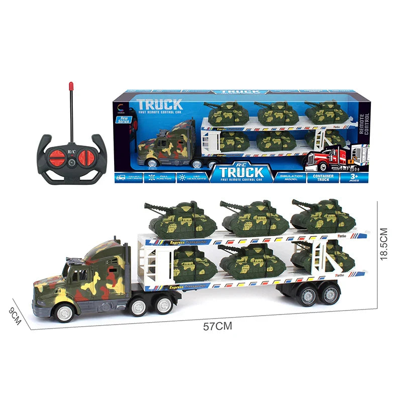HKM-098515 Double Decker Military Remote Control Transport Vehicle with 6 Friction Cars for Kids