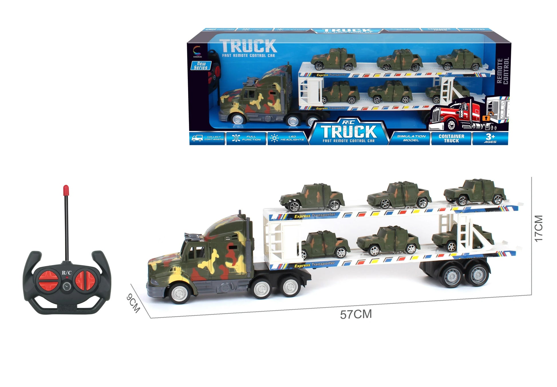 HKM-098515 Double Decker Military Remote Control Transport Vehicle with 6 Friction Cars for Kids