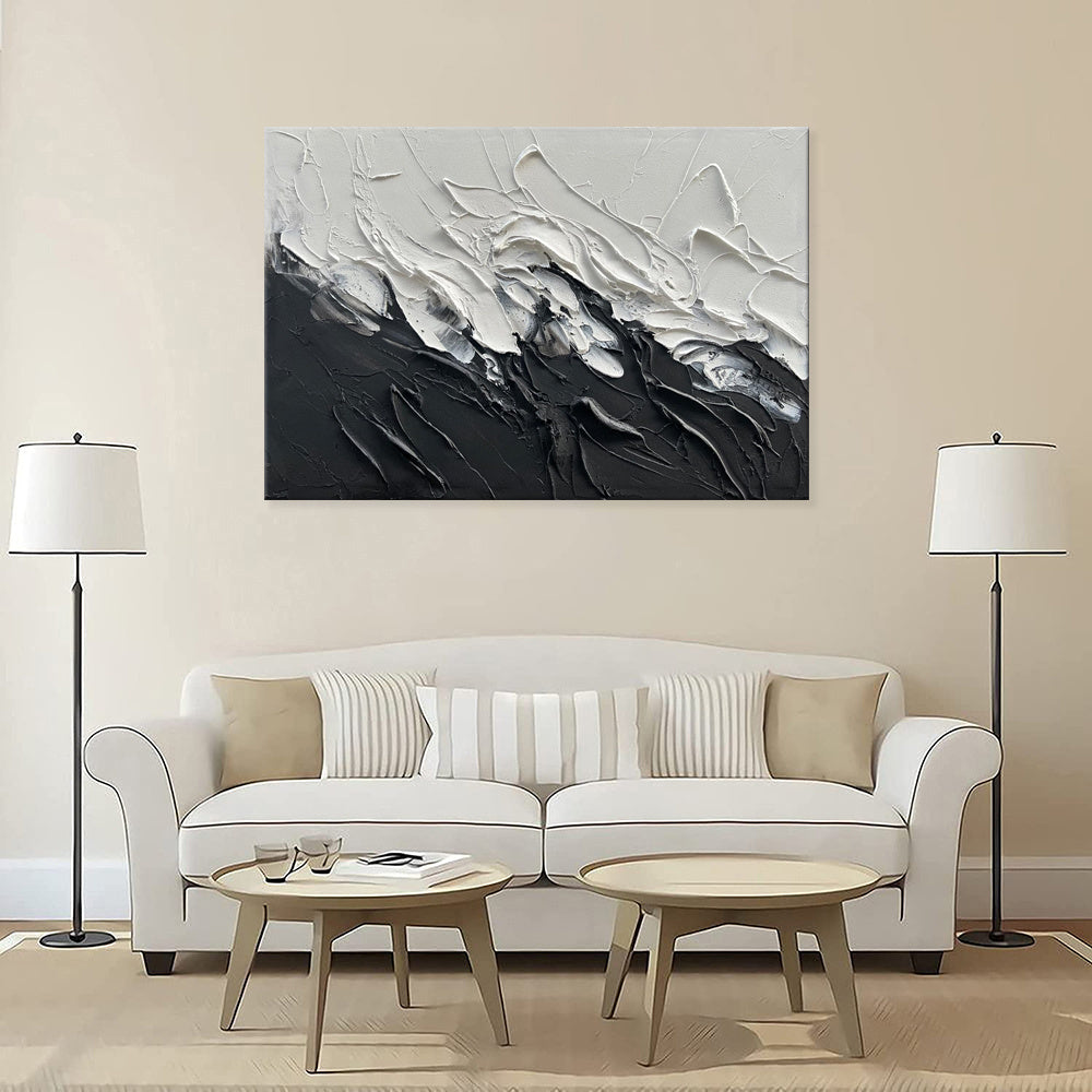 KTX-100499 Black and White Abstract Thick Oil Painting on Canvas for Modern Home Decor - Unique Handmade Wall Art
