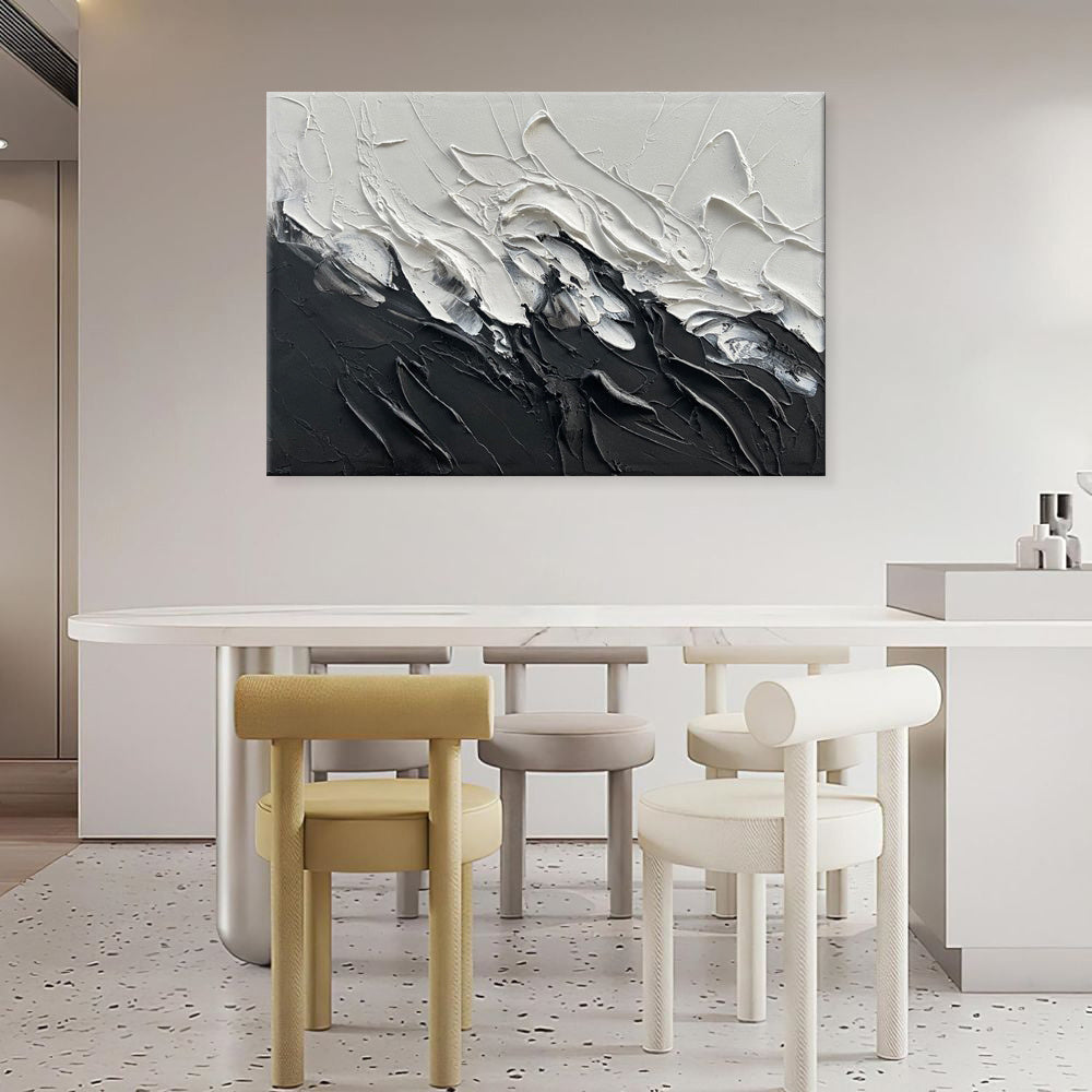 KTX-100499 Black and White Abstract Thick Oil Painting on Canvas for Modern Home Decor - Unique Handmade Wall Art