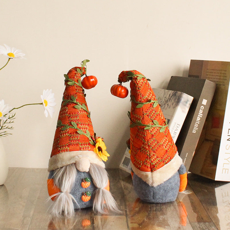 HKM-100691 Pumpkin Sunflower Dwarf Doll Ornament for Harvest Festival Window Decor
