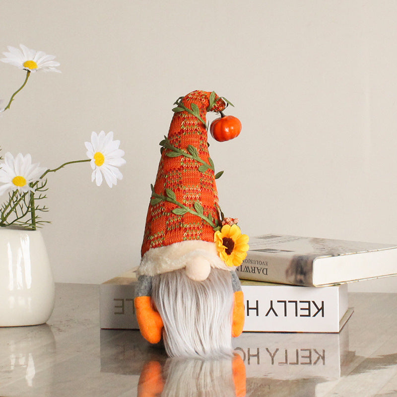 HKM-100691 Pumpkin Sunflower Dwarf Doll Ornament for Harvest Festival Window Decor