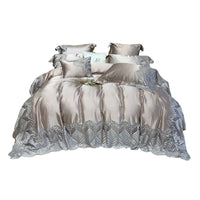 HKM-100883 European Style Four-Piece Silk Cotton Bedding Set in Champagne Gold and Purple-Gray