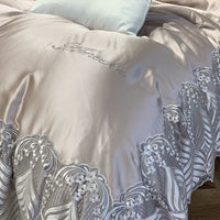 HKM-100883 European Style Four-Piece Silk Cotton Bedding Set in Champagne Gold and Purple-Gray