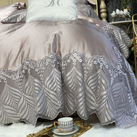 HKM-100883 European Style Four-Piece Silk Cotton Bedding Set in Champagne Gold and Purple-Gray