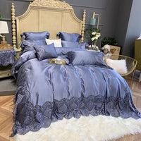 HKM-100883 European Style Four-Piece Silk Cotton Bedding Set in Champagne Gold and Purple-Gray