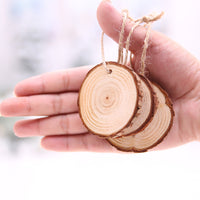 HKM-101011 Solid Wood DIY Christmas Decoration Pendants - 10 Pack, 6cm - Natural Material with Hemp Rope