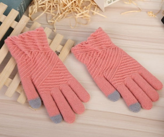 HKM-101395 Winter Woolen Knitted Touch Screen Full Finger Gloves for Women - Warm Stripe Mittens