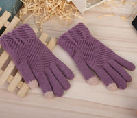 HKM-101395 Winter Woolen Knitted Touch Screen Full Finger Gloves for Women - Warm Stripe Mittens
