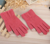 HKM-101395 Winter Woolen Knitted Touch Screen Full Finger Gloves for Women - Warm Stripe Mittens
